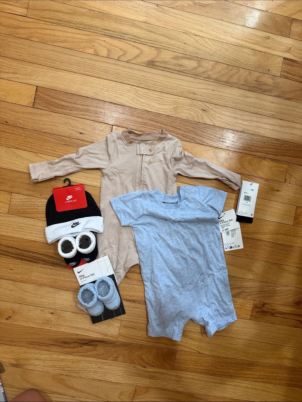 Nike Baby One-Piece Footies Set in Tan & Light Blue with Black Hat